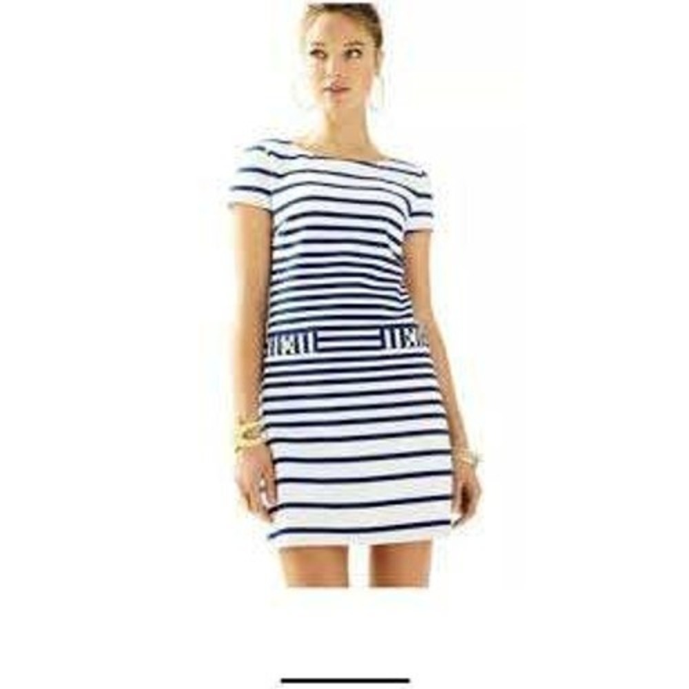 Lilly Pulitzer XL Navy White Striped Shift Dress Short Sleeve Gold Zip Nautical